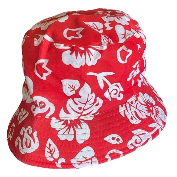 Printed Bucket Hat Red & White All-Over Palm Leaves Bucket Hat OS NEW - Picture 2 of 7